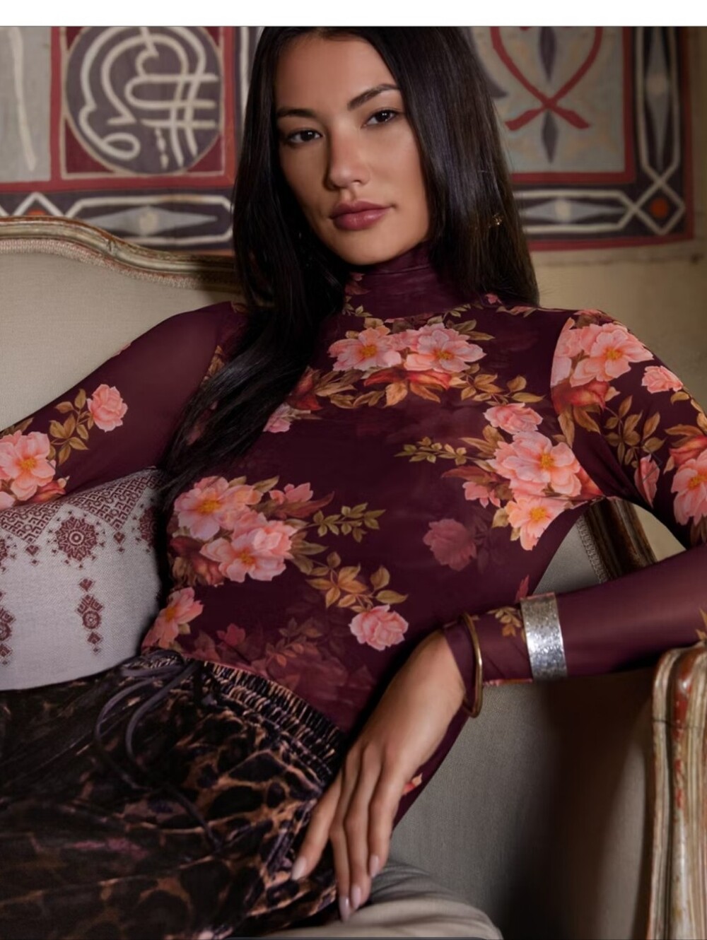 Johnny Was Women's Burgundy Floral Mock Neck Top Mesh